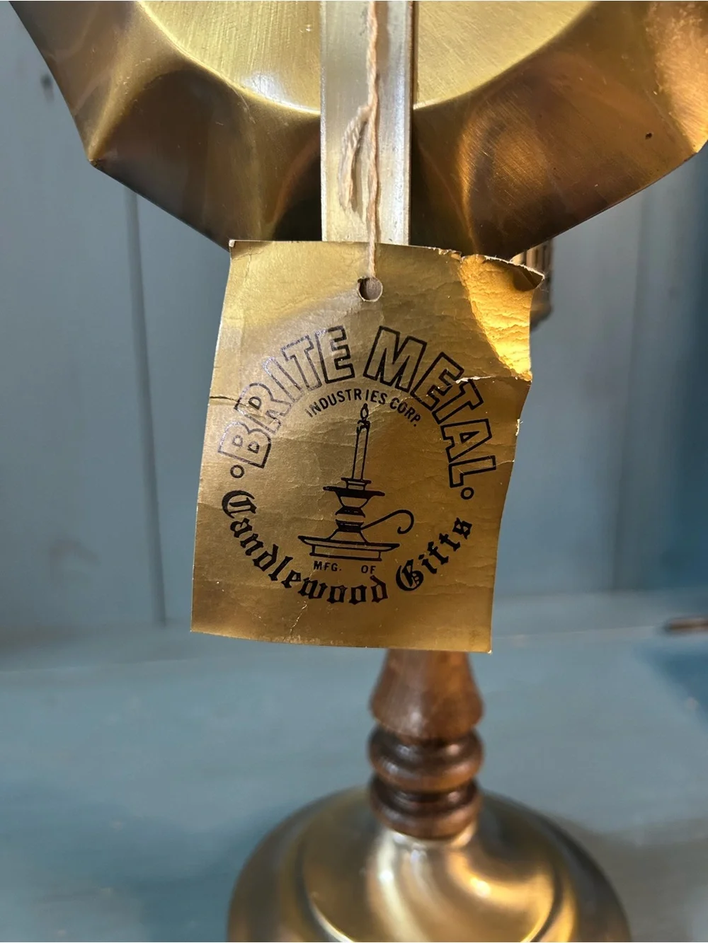 Vintage “Brite Metal” Brass & Wood Table Candle Lamp - Amber Glass Chimney
